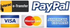 Accepted payment methods including Interac e-Transfer, PayPal, Visa, MasterCard, and American Express